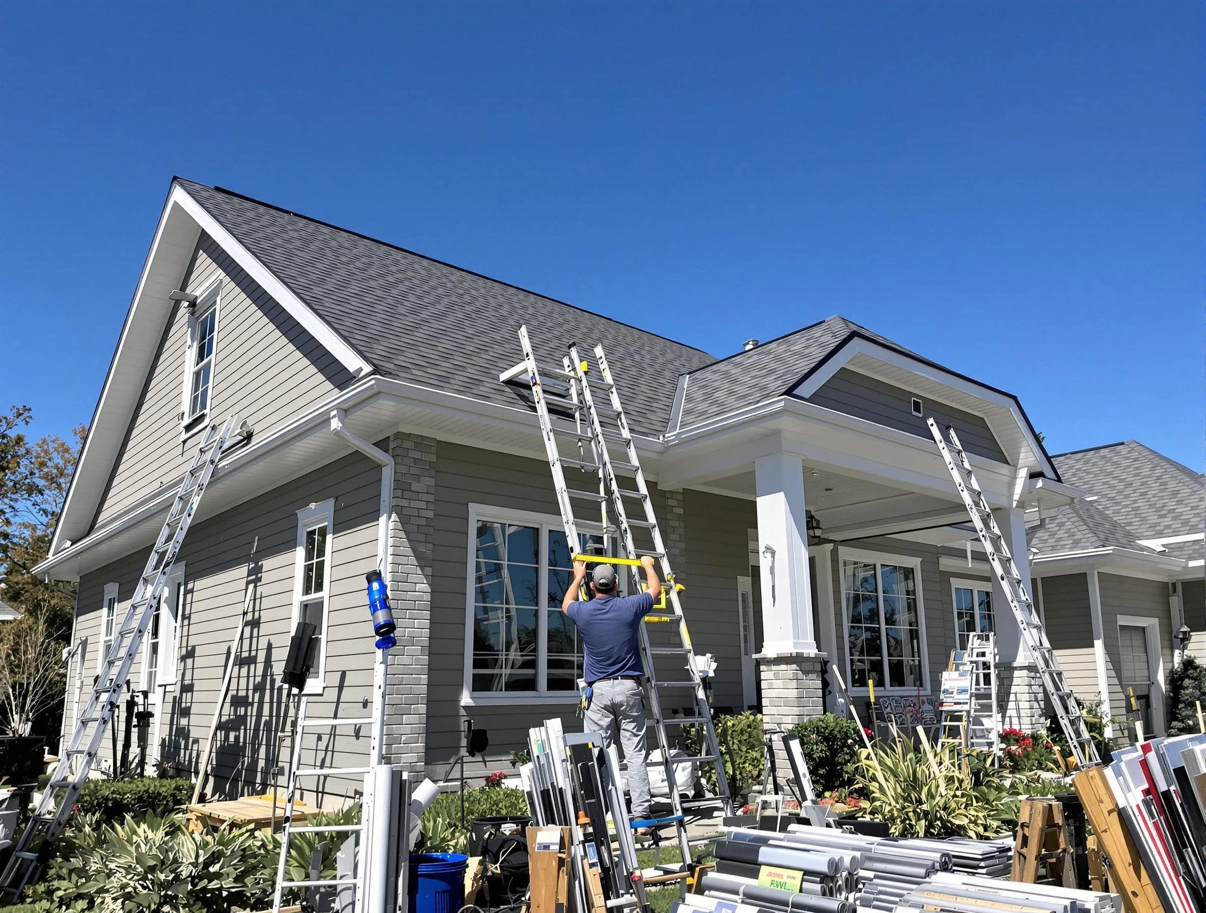 South Euclid Roofing Company fitting rain gutters at a home in South Euclid, OH