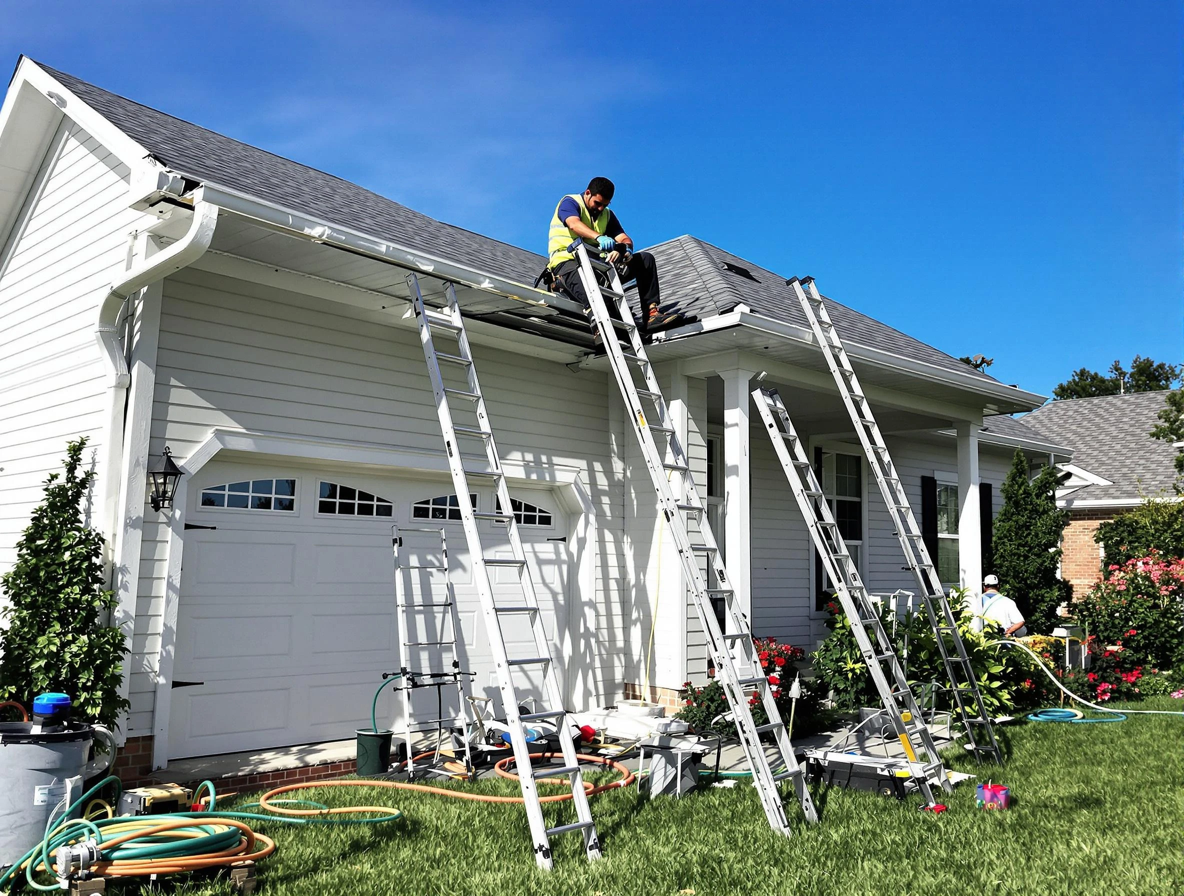 Removal of old gutters by South Euclid Roofing Company to install new system in South Euclid, OH